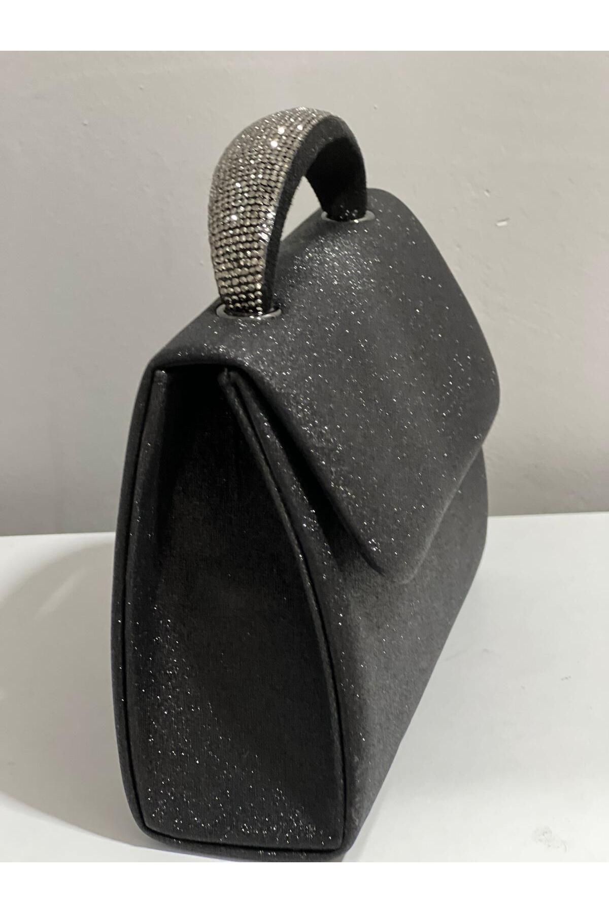 ST Bags Kadın Siyah Simli Taş Tutma Detaylı Abiye El Çantası