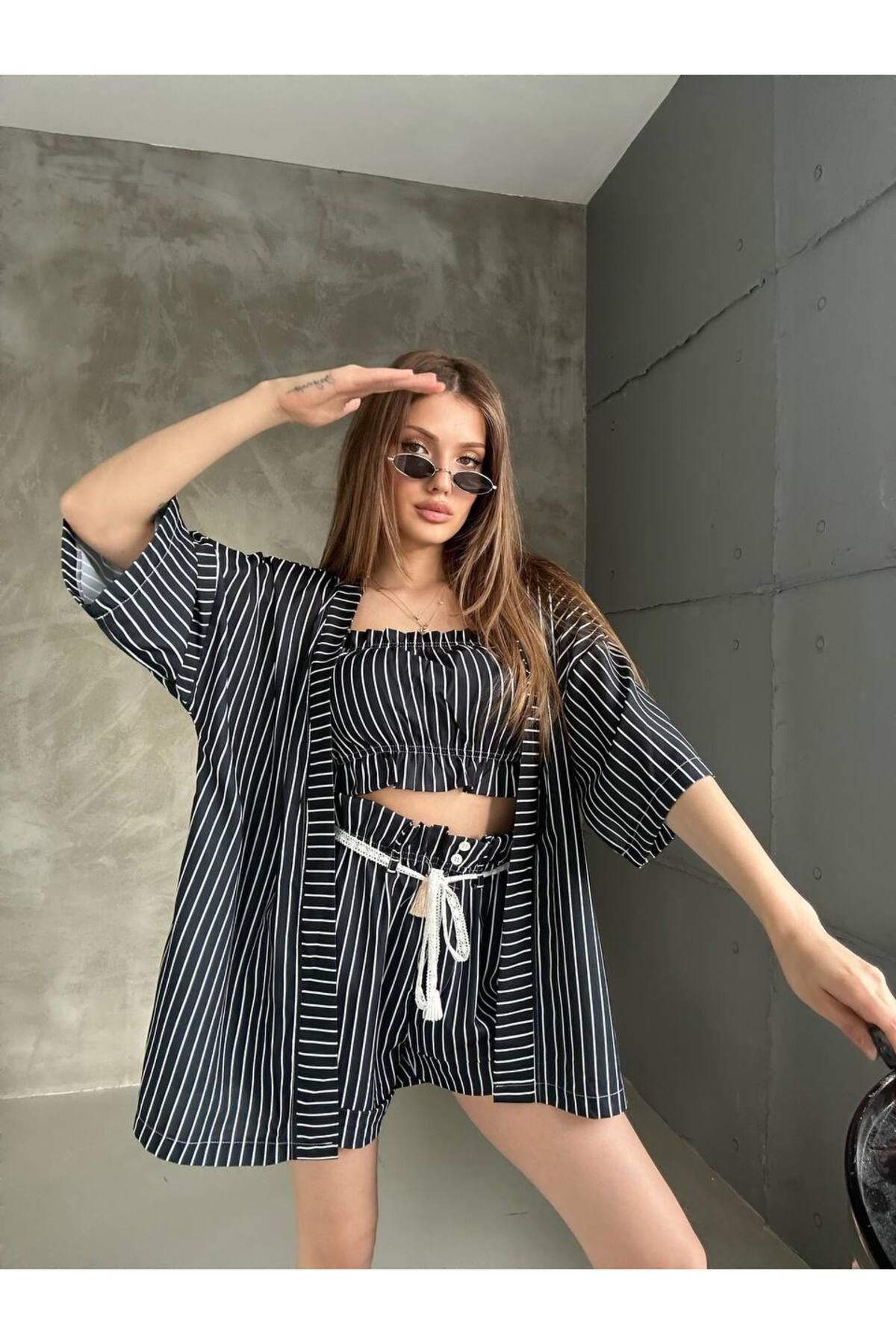 bonibon butikk Kadın Yeni Sezon Jessica Kumaş Straplez Lastikli Şort Yüksek Bel Lastikli 3 Lü Takım