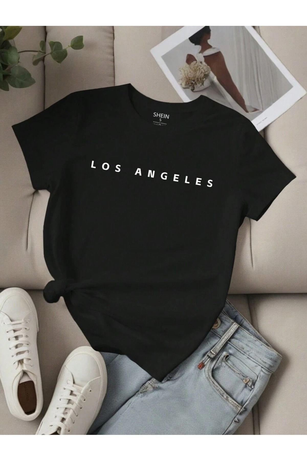 PALPİTO Unisex Siyah Düz Yazı Los Angeles Baskılı Oversize T-Shirt