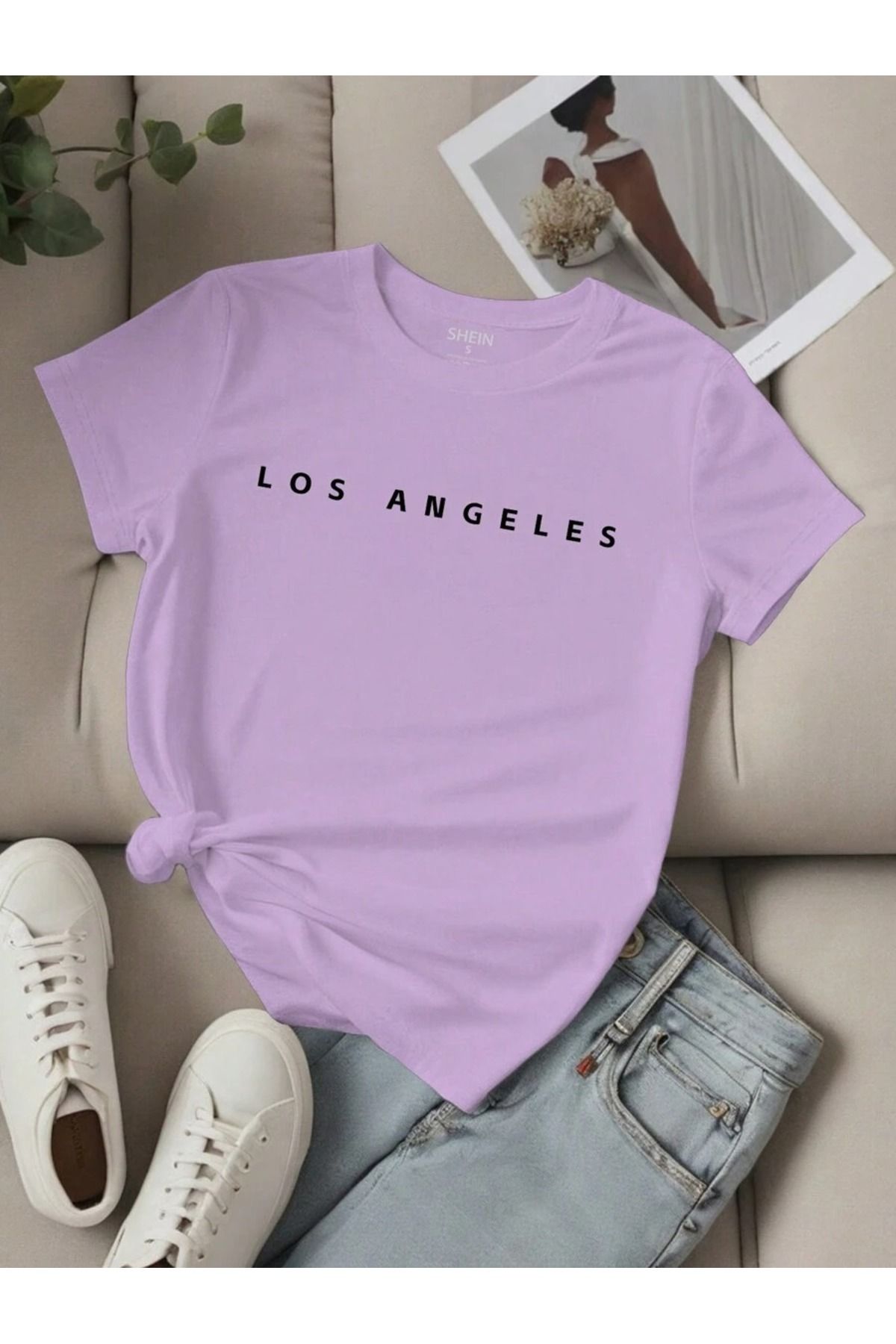 PALPİTO Unisex Lila Düz Yazı Los Angeles Baskılı Oversize T-Shirt