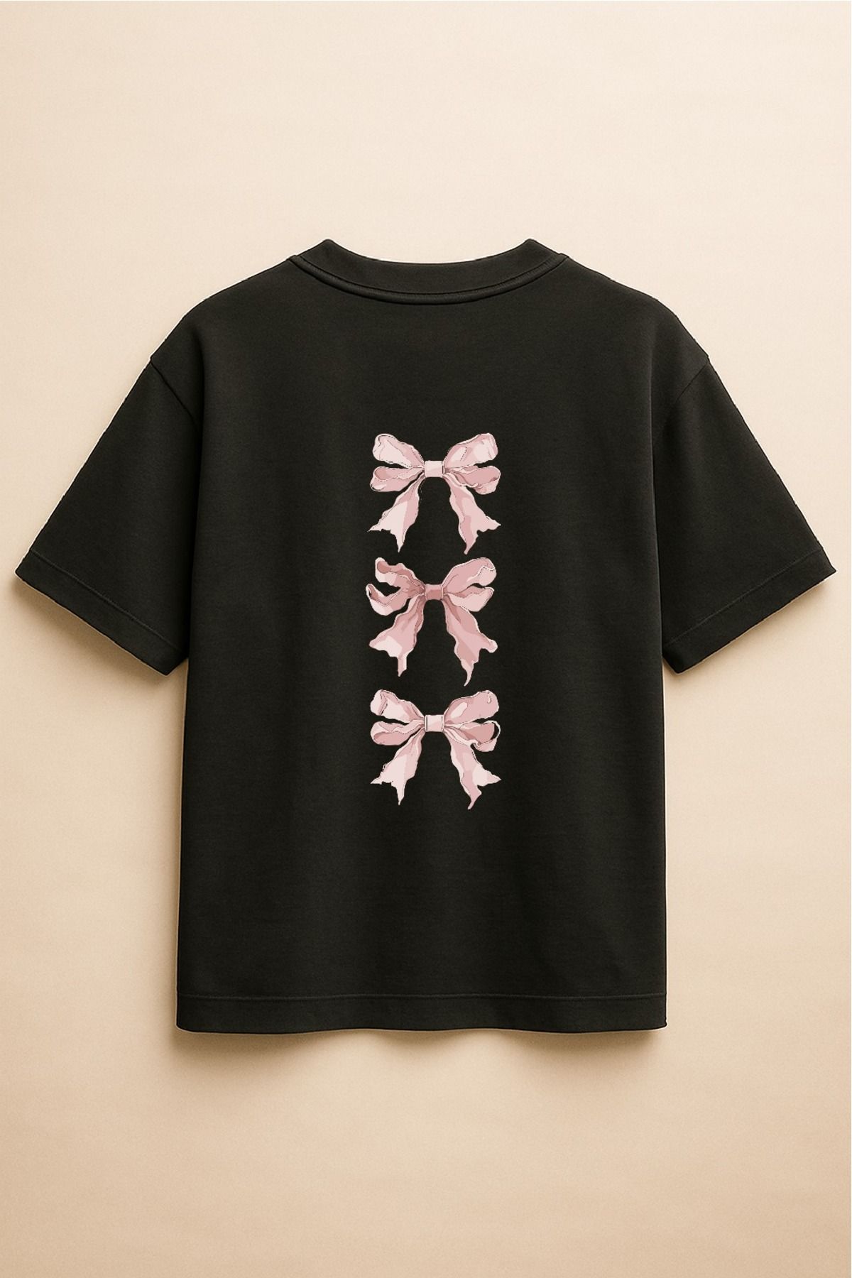 Altair Tr Siyah Renk Oversize Pembe Kurdele Baskılı Unisex Tişört T-shirt