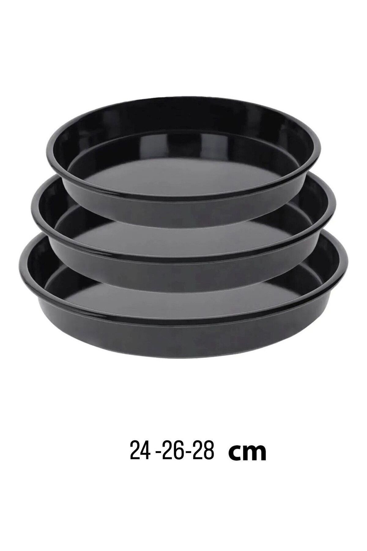 Becenhouse 3'lü Fırın Tepsi Seti Siyah Parlak Emaye Yuvarlak 24-26-28 Cm Yemekler ve Pizzalar İçin
