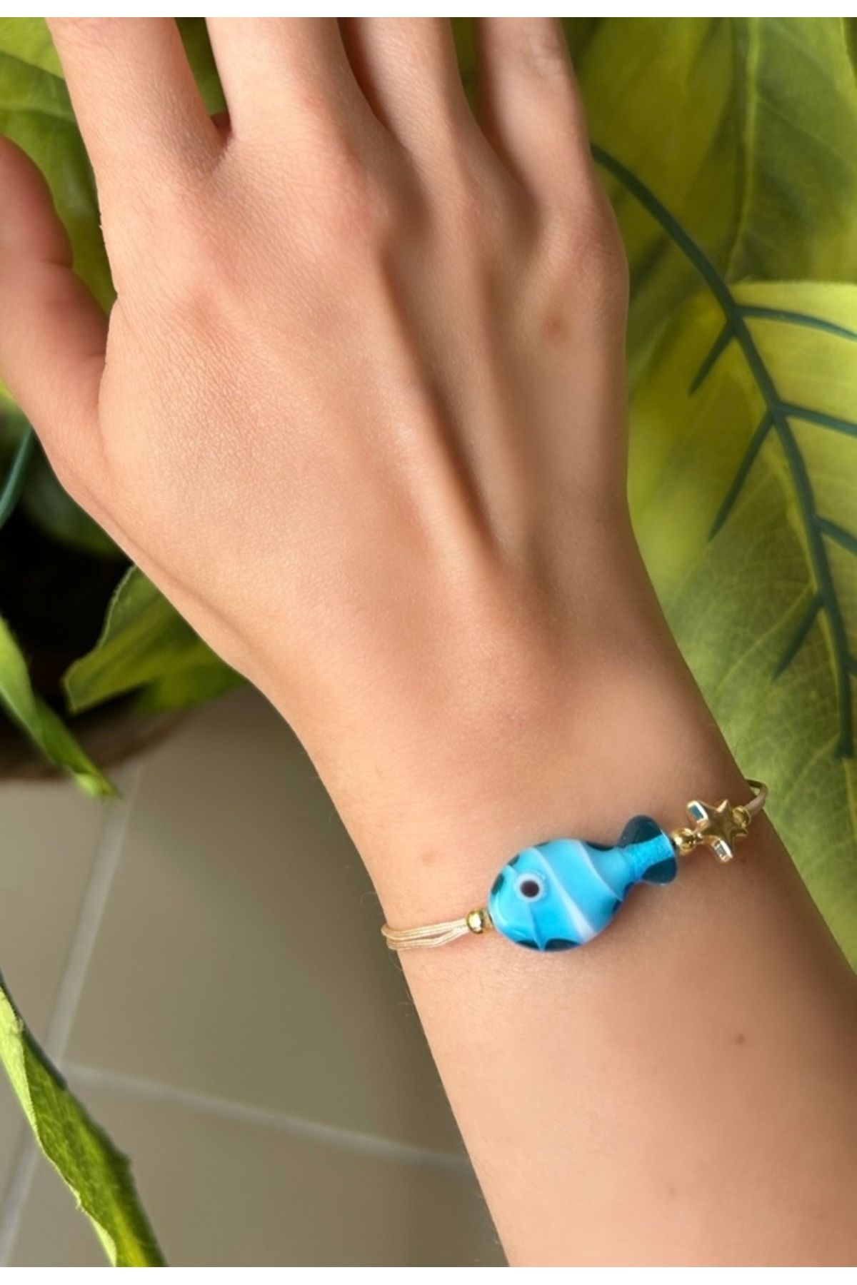 Alvora Accessories Mavi Balık Cam Murano Asansörlü İpli Bileklik