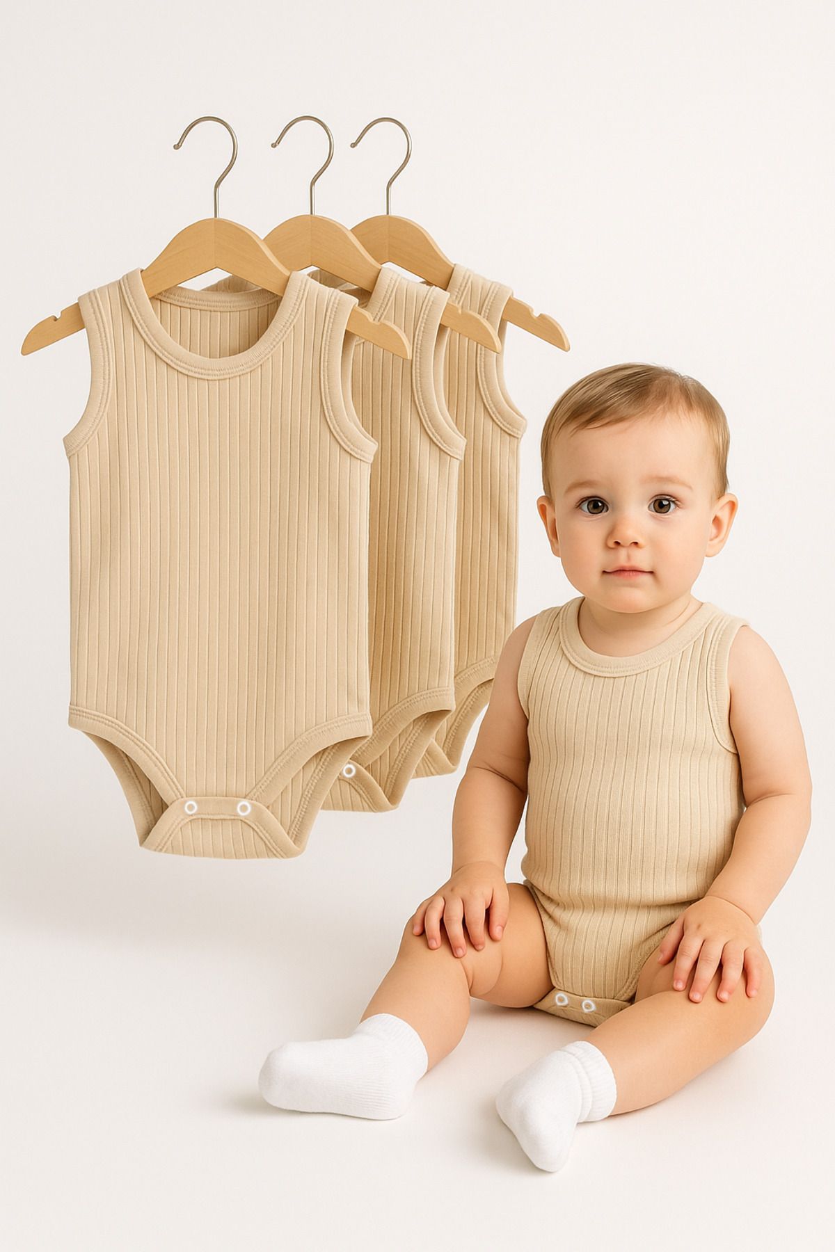 Trend Bebe Butik 3’lü Fitilli Ribana Çıtçıtlı Bebek Zıbın | Kolsuz Yazlık Pamuklu Body Seti | Unisex Bebek Badi Tulum