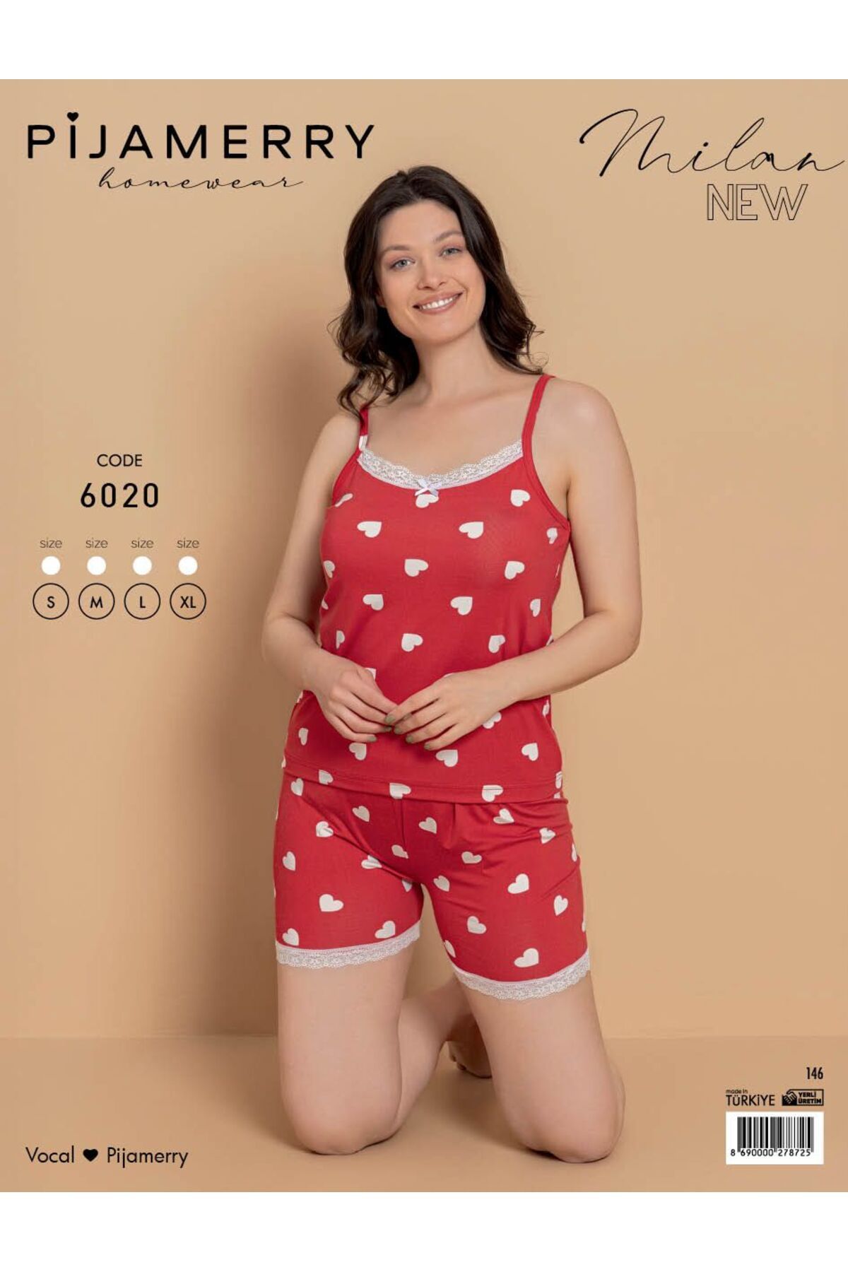 Ayreka Kırmızı Kalp Desenli Askılı Şortlu Kadın Pijama Takımı