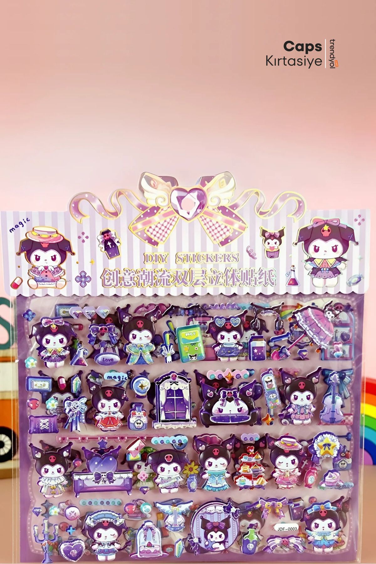 caps office Kuromi Temalı 3D Kabartmalı 145+ Adet 2 Sayfa Çıkartma Seti – Ajanda, Günlük, Scrapbook Çıkartma