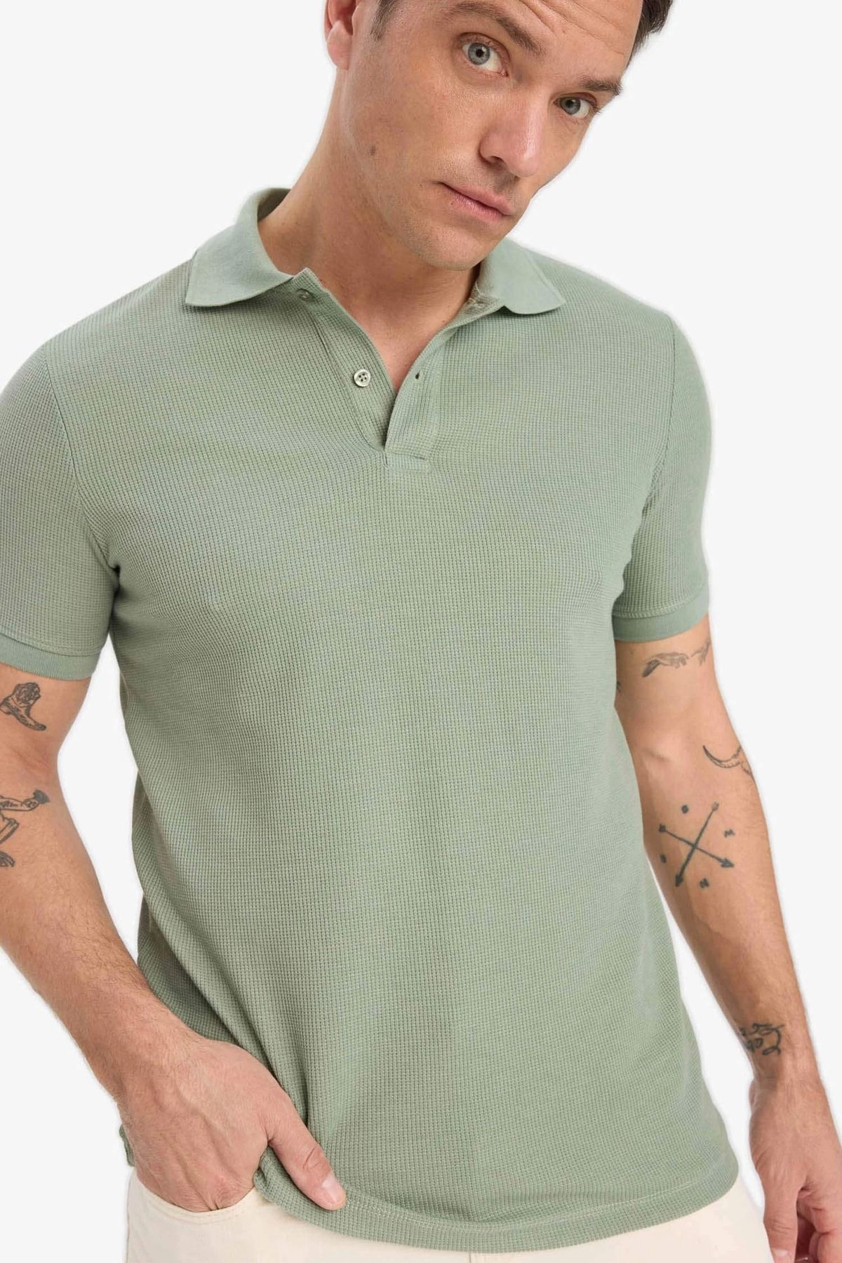 DeFacto D7652 Haki Regular Fit Kısa Kollu Waffle Polo Tişört