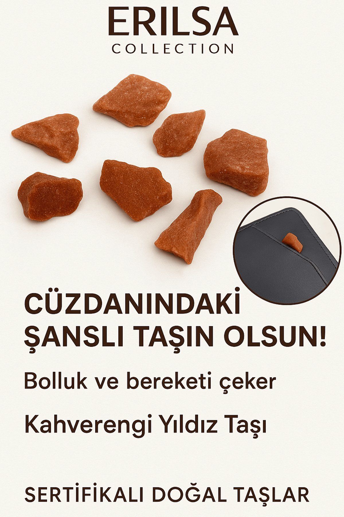 Erilsa Sertifikalı Ham Cüzdan Boy Kahverengi Yıldız Taşı Kütle - Odaklanma Günlük Enerji Koruması