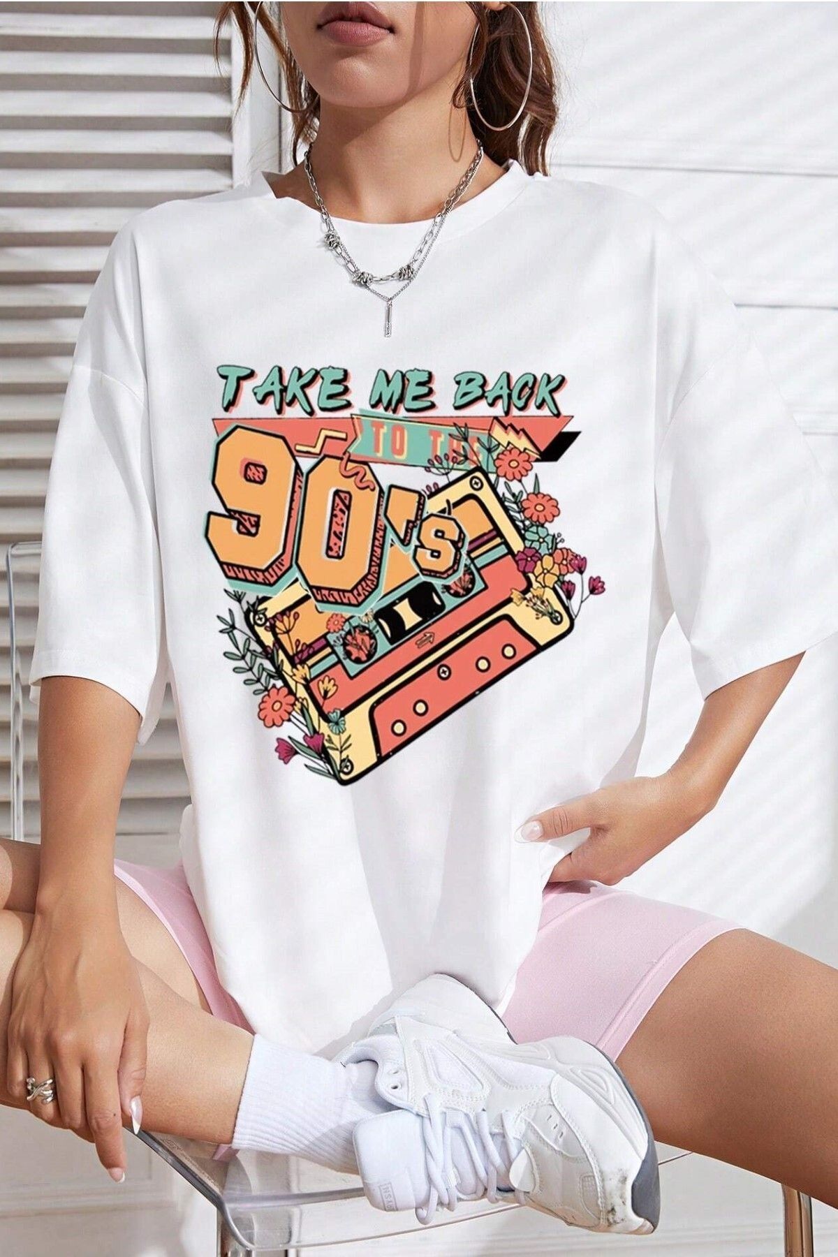 PALPİTO Kadın Beyaz Take Me Back Baskılı Oversize T-Shirt