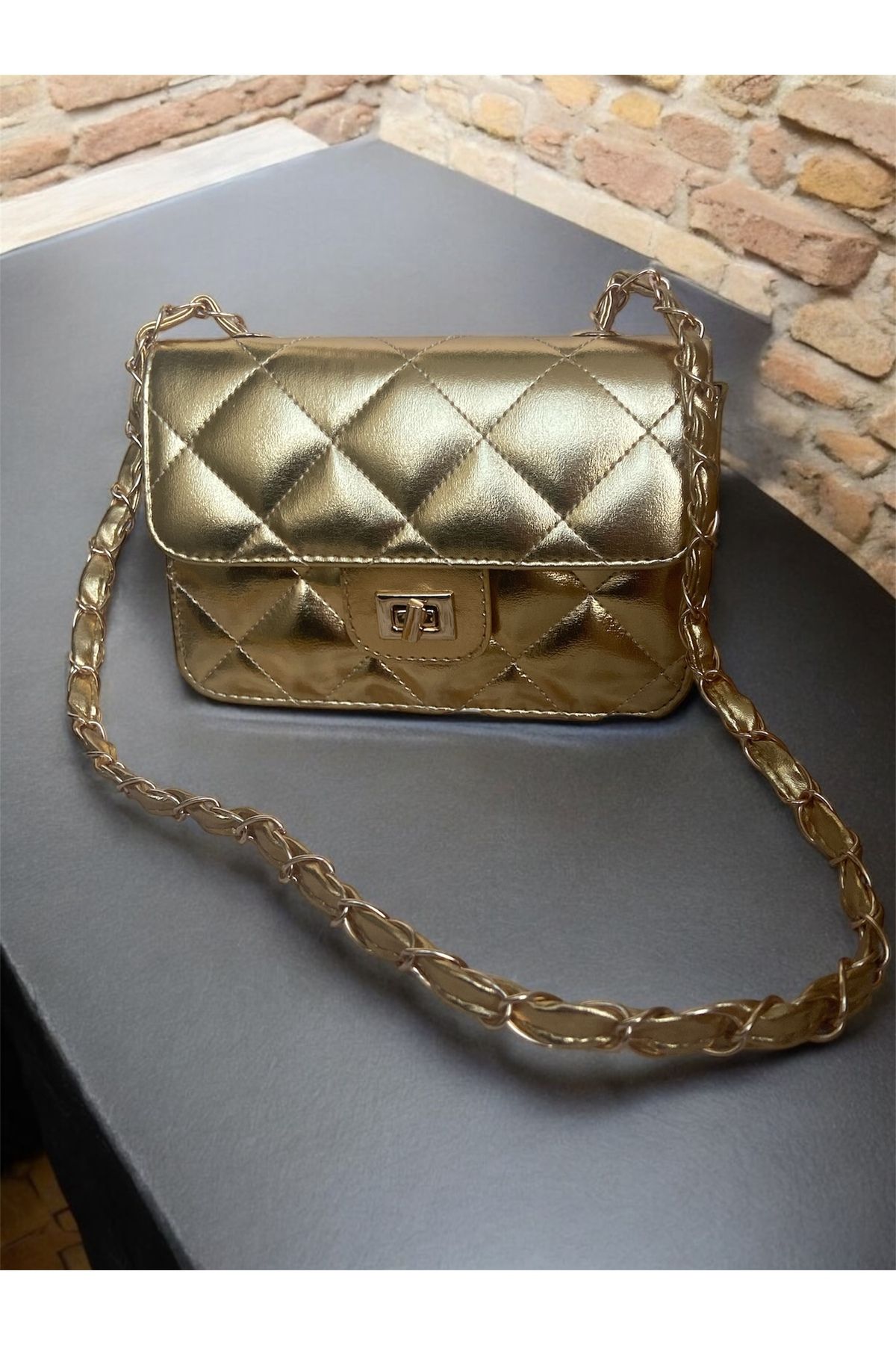 Melos Butik Kadın Gold Kilit Kapamalı Mini El Ve Omuz Çantası