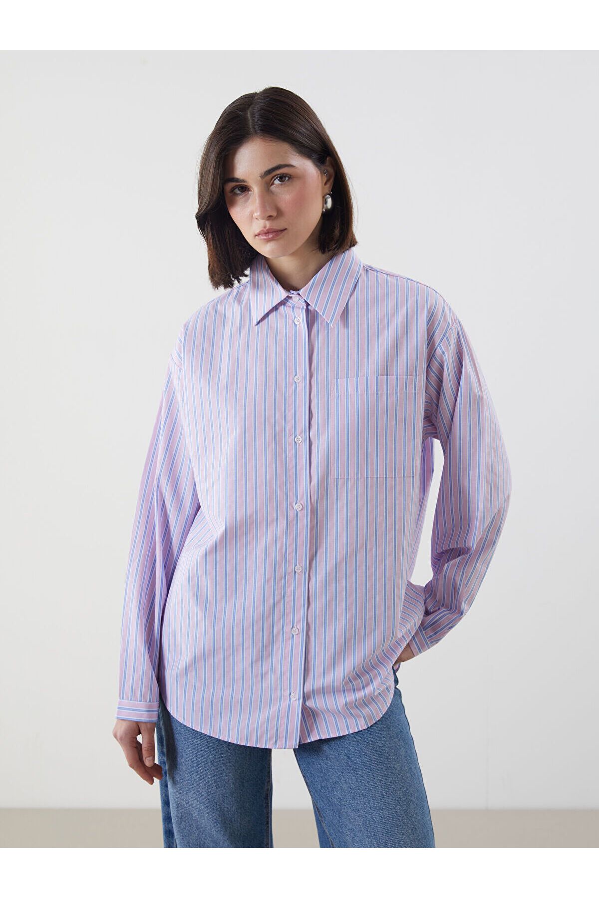LC Waikiki Çizgili Oversize Poplin Kadın Gömlek Tunik