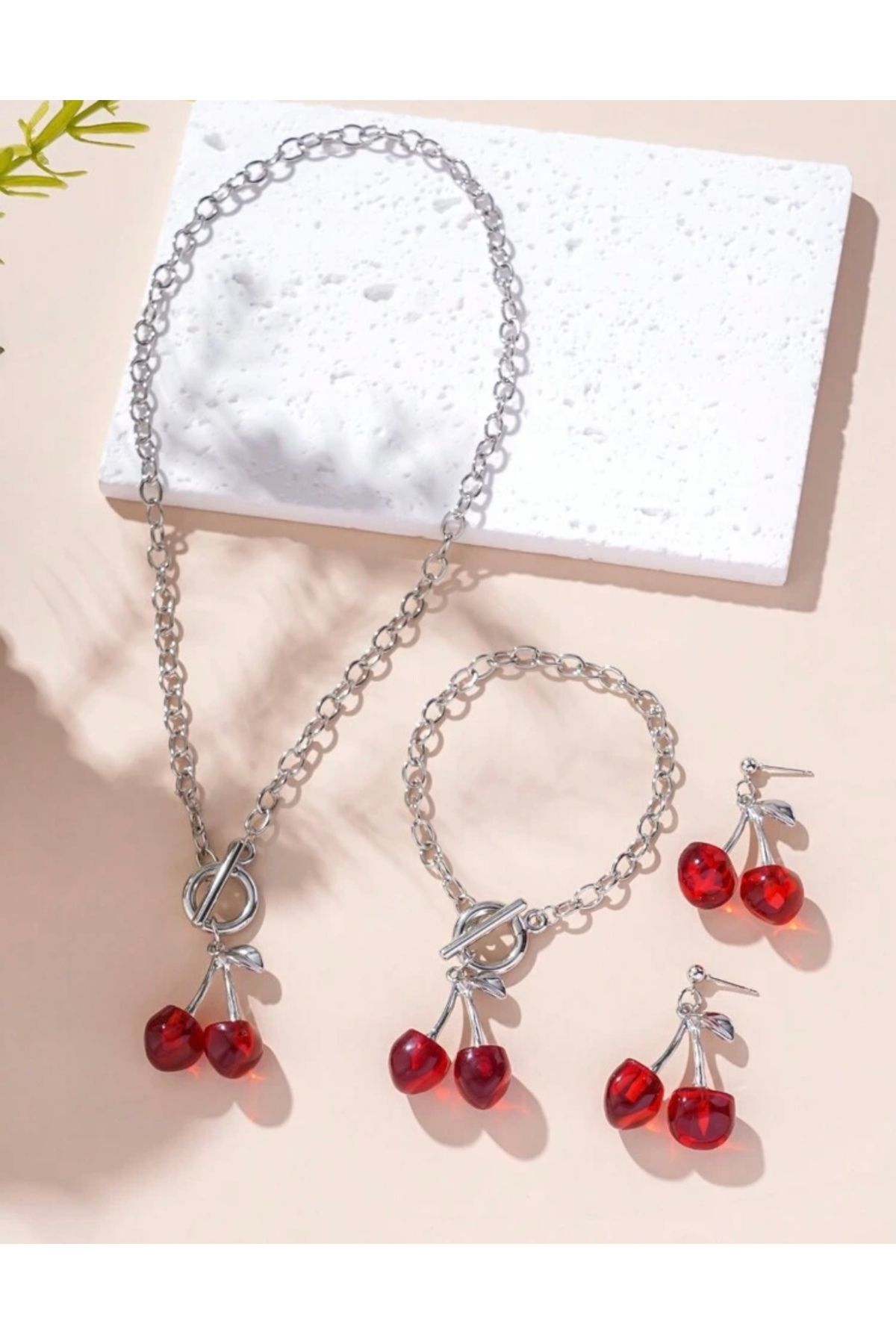 monalisatoka Kadın Gümüş Kirazlı Kolye Bileklik Küpe 3’Lü Set