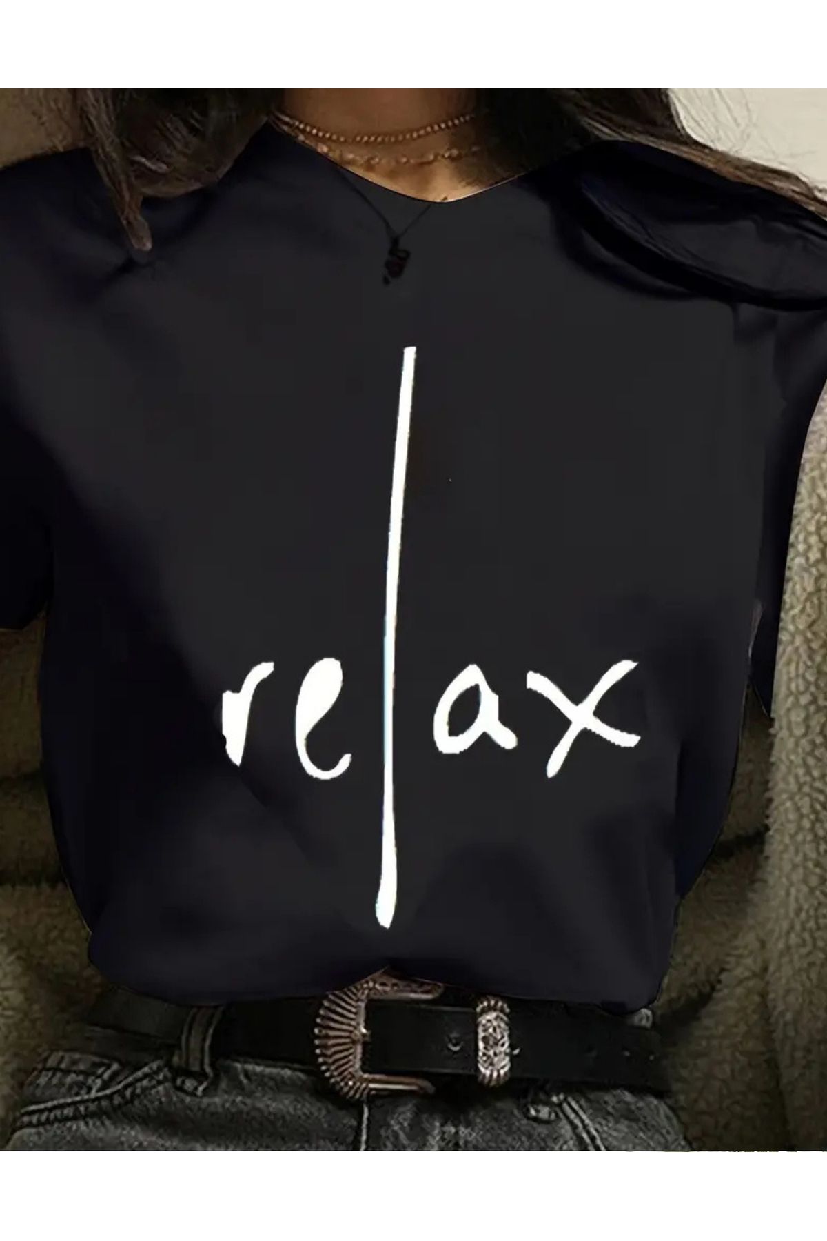SAJA Unısex Kadın/Erkek Baskılı Oversize Düşük Kol Bisiklet Yaka T-Shirt