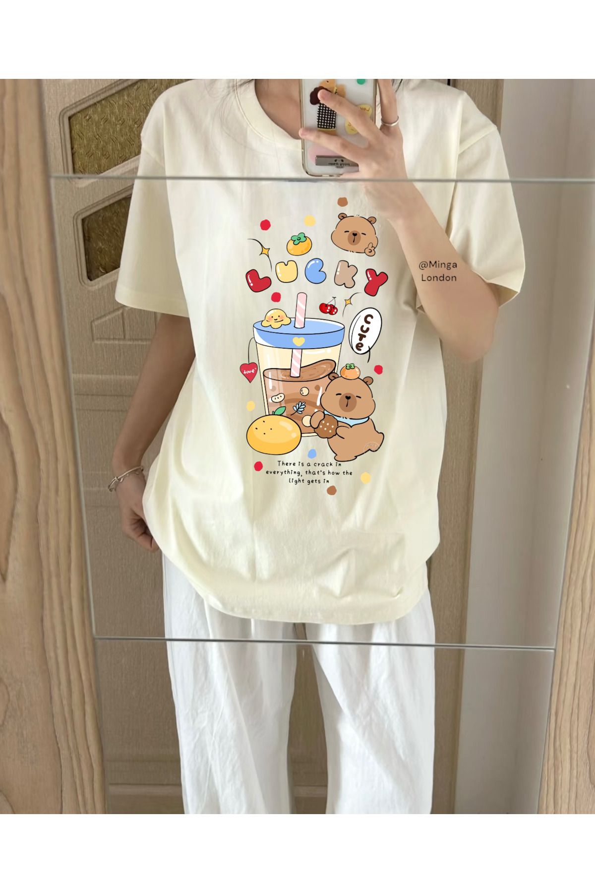 Minga London Bej Lucky Bear Ön Baskılı Oversize Tshirt - Ghostella
