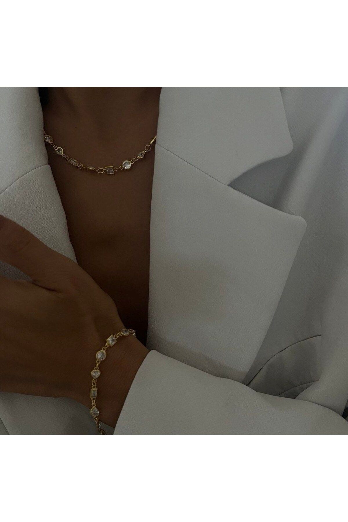 beonejewelry HACİMLİ ŞEFFAF TAŞLI KOLYE İLE BİLEKLİK SET | 925 GÜMÜŞ