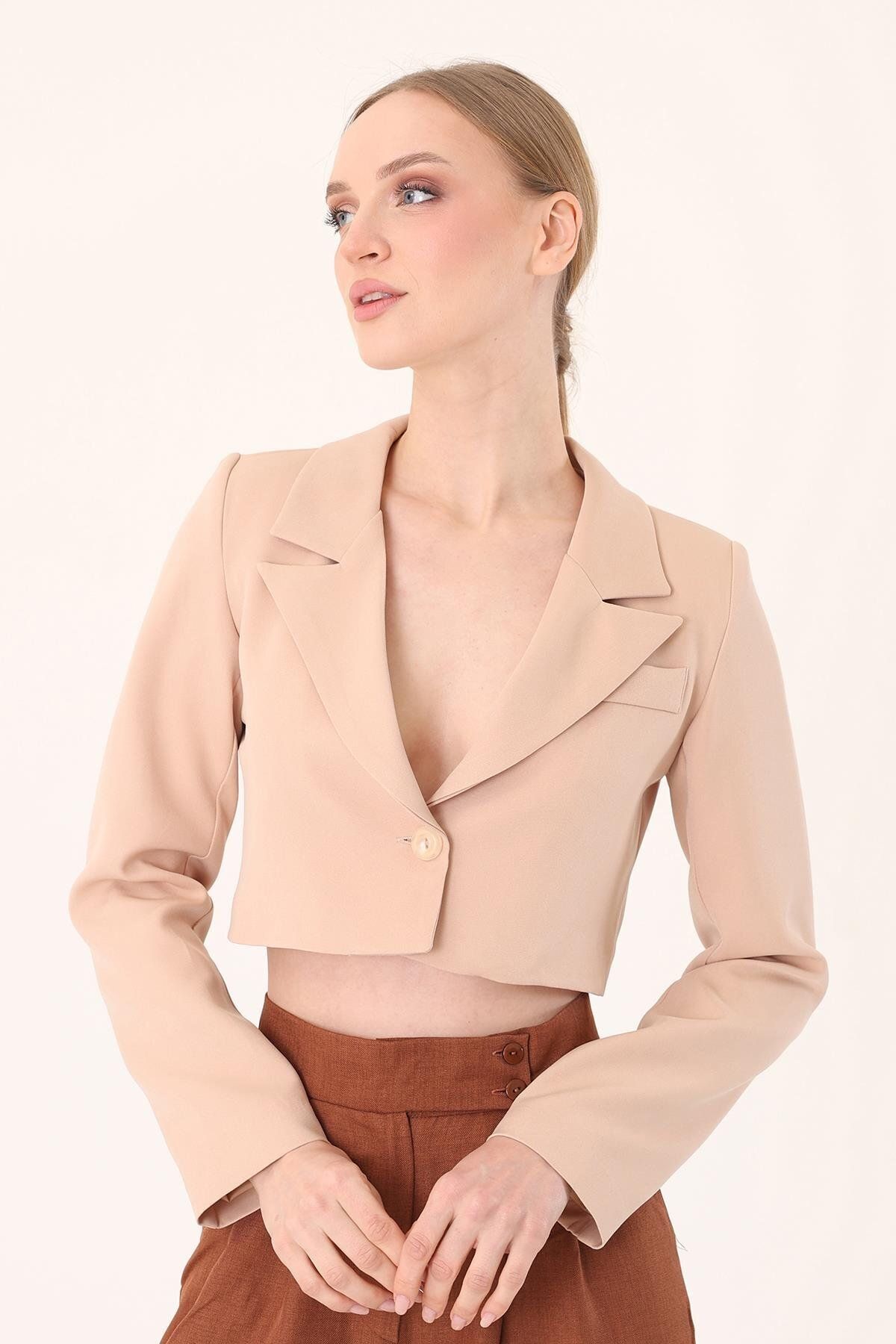 polle Crop Blazer Ceket-Taş