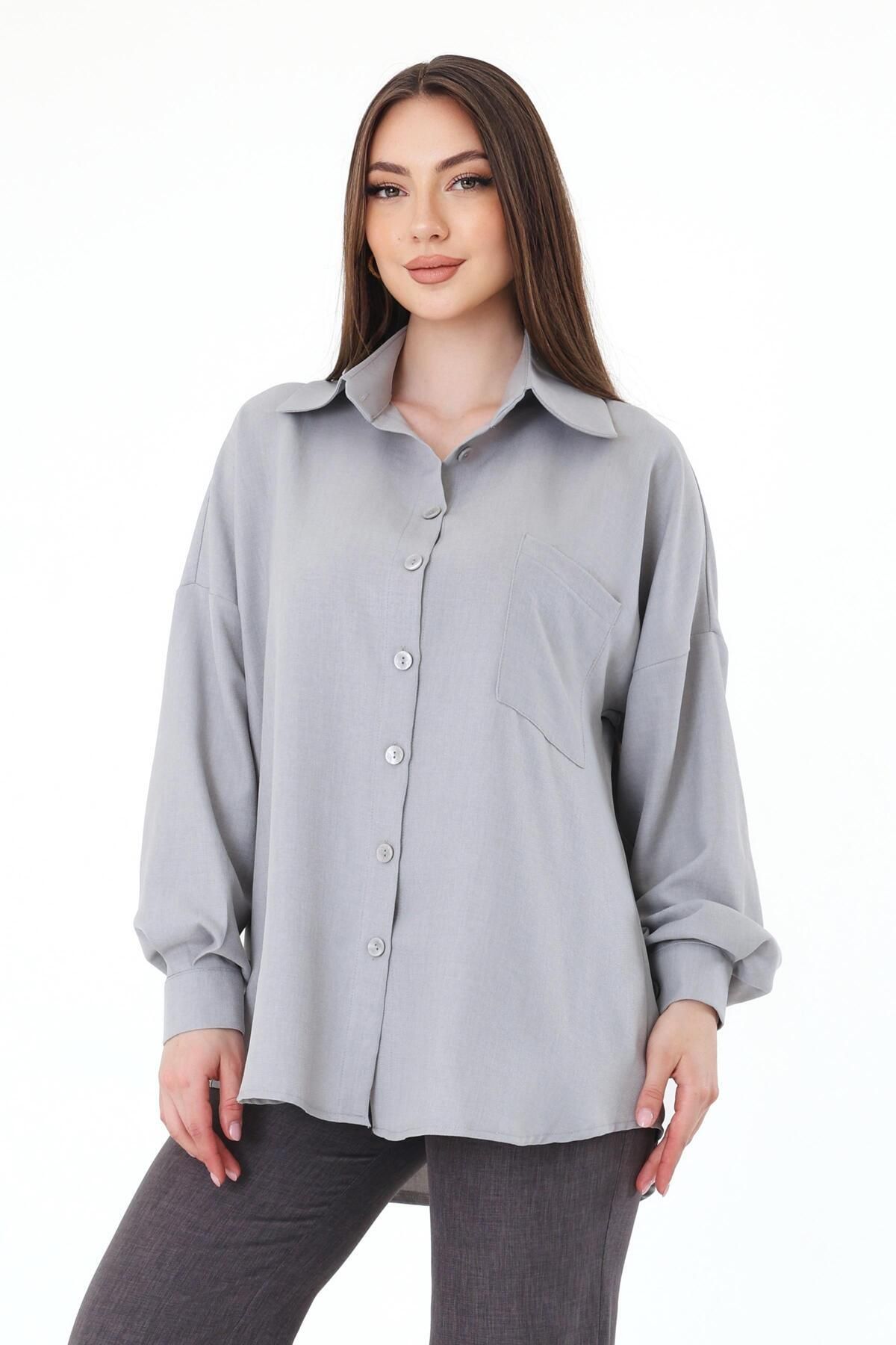 polle Tek Cepli Oversize Keten Gömlek- Gri