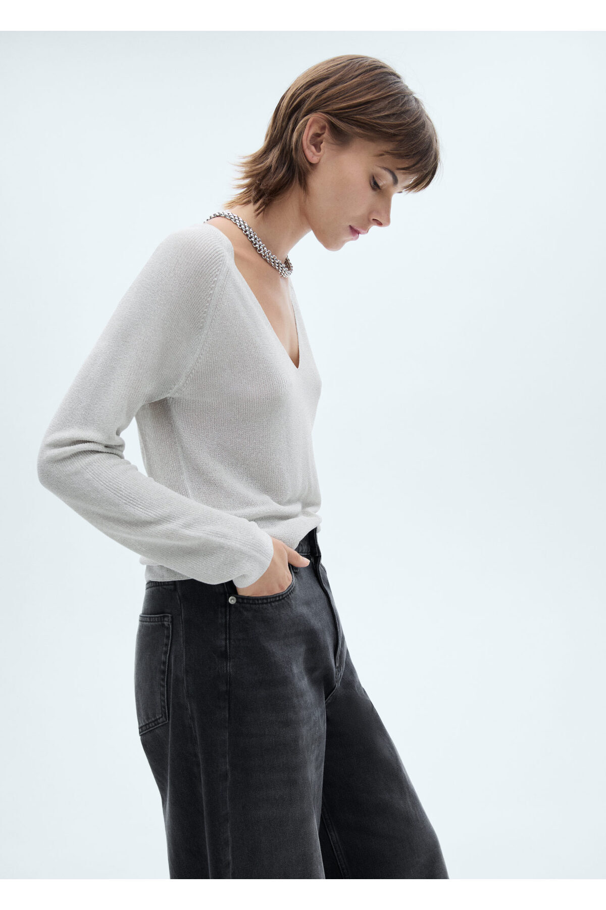 بافت و پلیور زنانه نقره اي منگوMANGO | 77054026_1 اورجینال - تصویر 2