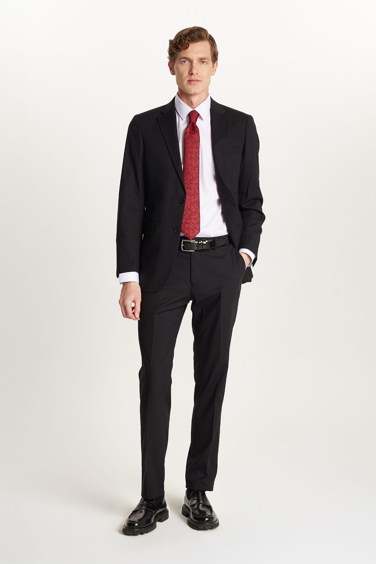 Tudors Erkek Slim Fit Mono Yaka Likralı Esnek Kumaş Siyah Takım Elbise