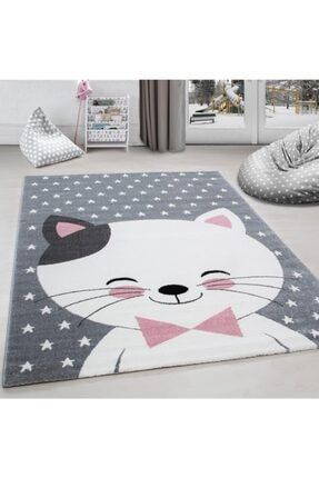 Çocuk Bebek Odası halısı Sevimli Kedi Yıldız Desenli Gri-Pembe-Beyaz P_KIDS0550PINK