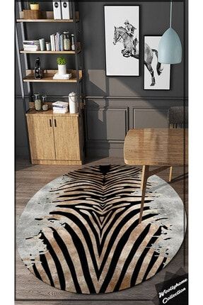 Zebra Desenli Yuvarlak Halı (makinada Yıkanabilir Kaymaz Dot Taban) - Wlly1123 WLLY1123-1