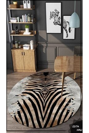 Zebra Desenli Yuvarlak Halı (Makinada Yıkanabilir Kaymaz Dot Taban) - ESTA1123 ESTA1123-1