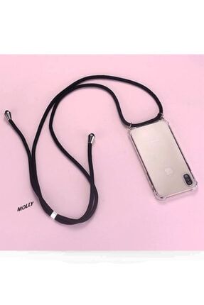 Iphone Xs Max Uyumlu Siyah Boyun Askılı İpli Şeffaf Silikon Kılıf RPE-XMX102
