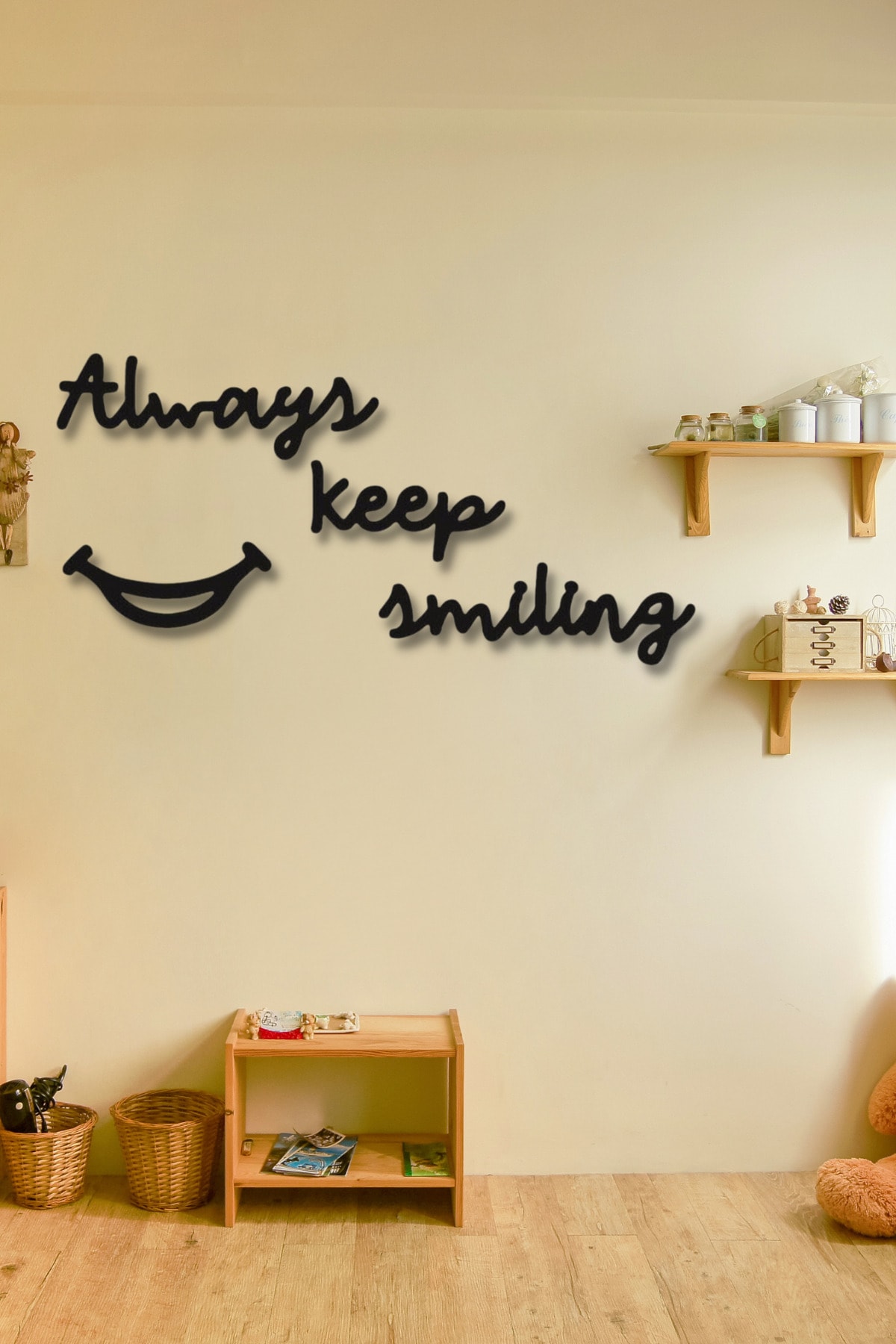 Black Wooden Always Keep Smiling Wall Decor - 80x60 Cm Table Set For Living Room Living Bedroom