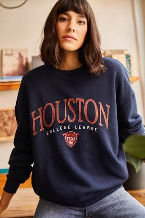 Kadın Lacivert Houston Baskılı Şardonlu Sweatshirt SWT-19000426
