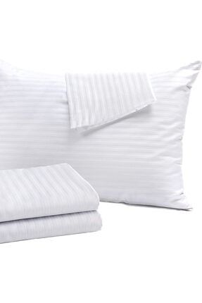 Lüks Otel Serisi % 100 Pamuk Saten Çizgili Modeli Beyaz 50x70 Cm Yastık Kılıfı 10 Adet çizgilipamuksaten10