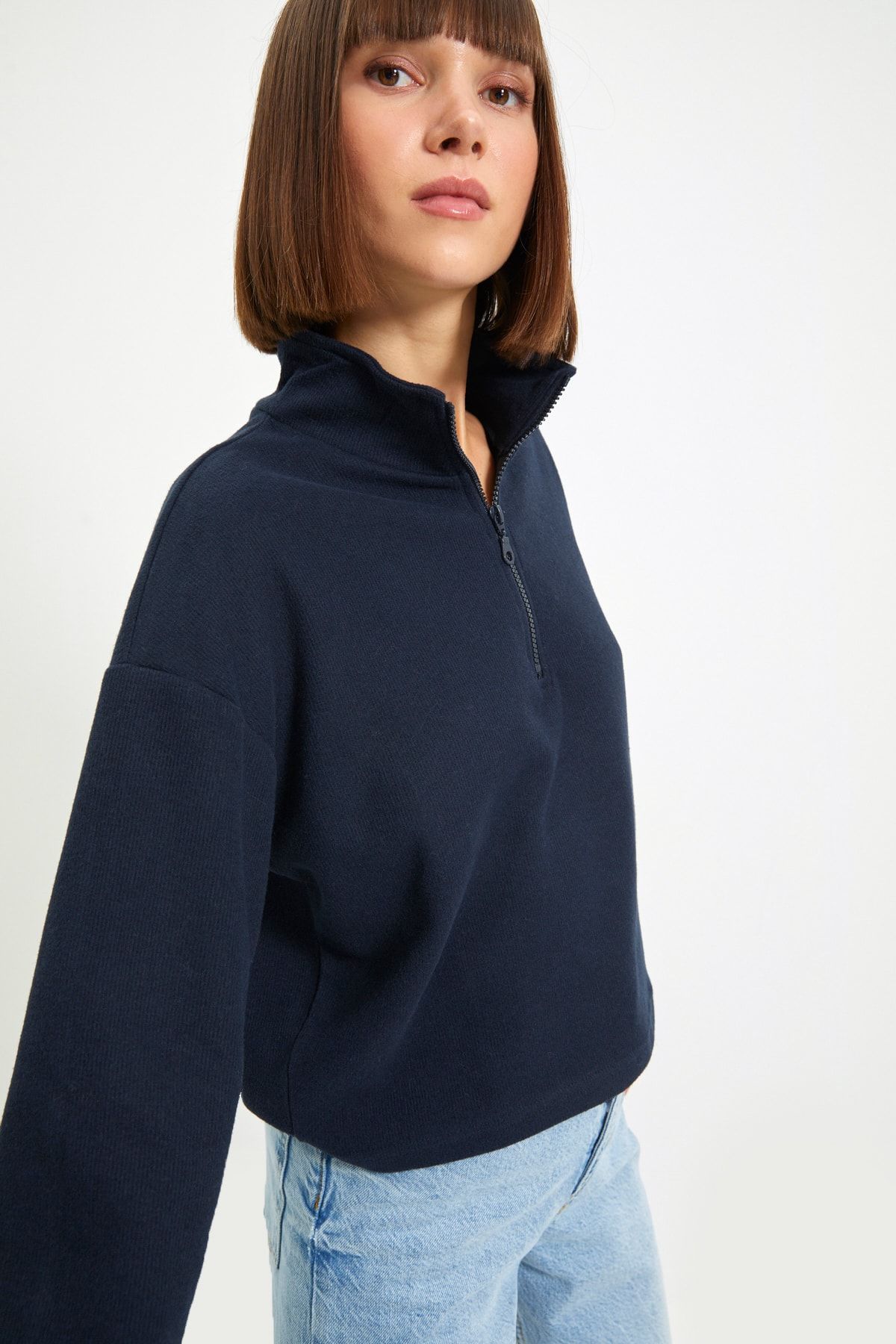 Trendyol Collection-Navy Blue Thessaloniki/Knitwear Look Zip γιακάς Κανονική/Κανονική Εφαρμογή Πλεκτό Φούτερ TWOAW22SW0732 6