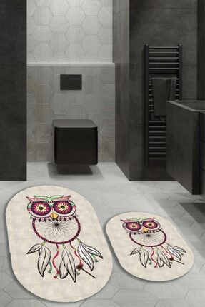 Renkli Baykuş Desenli 2'li Banyo Halı Takımı 40x60/60x100 BNY-105