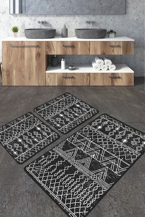Straordinario Siyah Banyo Halısı Djt 3 Lü Set, Banyo Halısı , Banyo Paspası Yıkanabilir 8683264238017