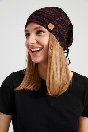 Kadın Siyah, Kırmızı Desenli, Ip Detaylı 4 Mevsim Şapka Bere Buff Ultra Yumuşak Doğal Penye BG66018