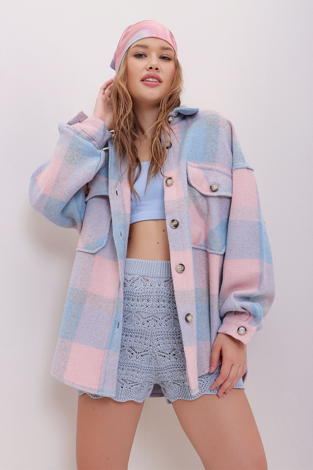 Trend Alaçatı Stili-Damen Oversize-Jacke aus Baumwolle mit Karomuster und Stempelmuster ALC-X7142 2