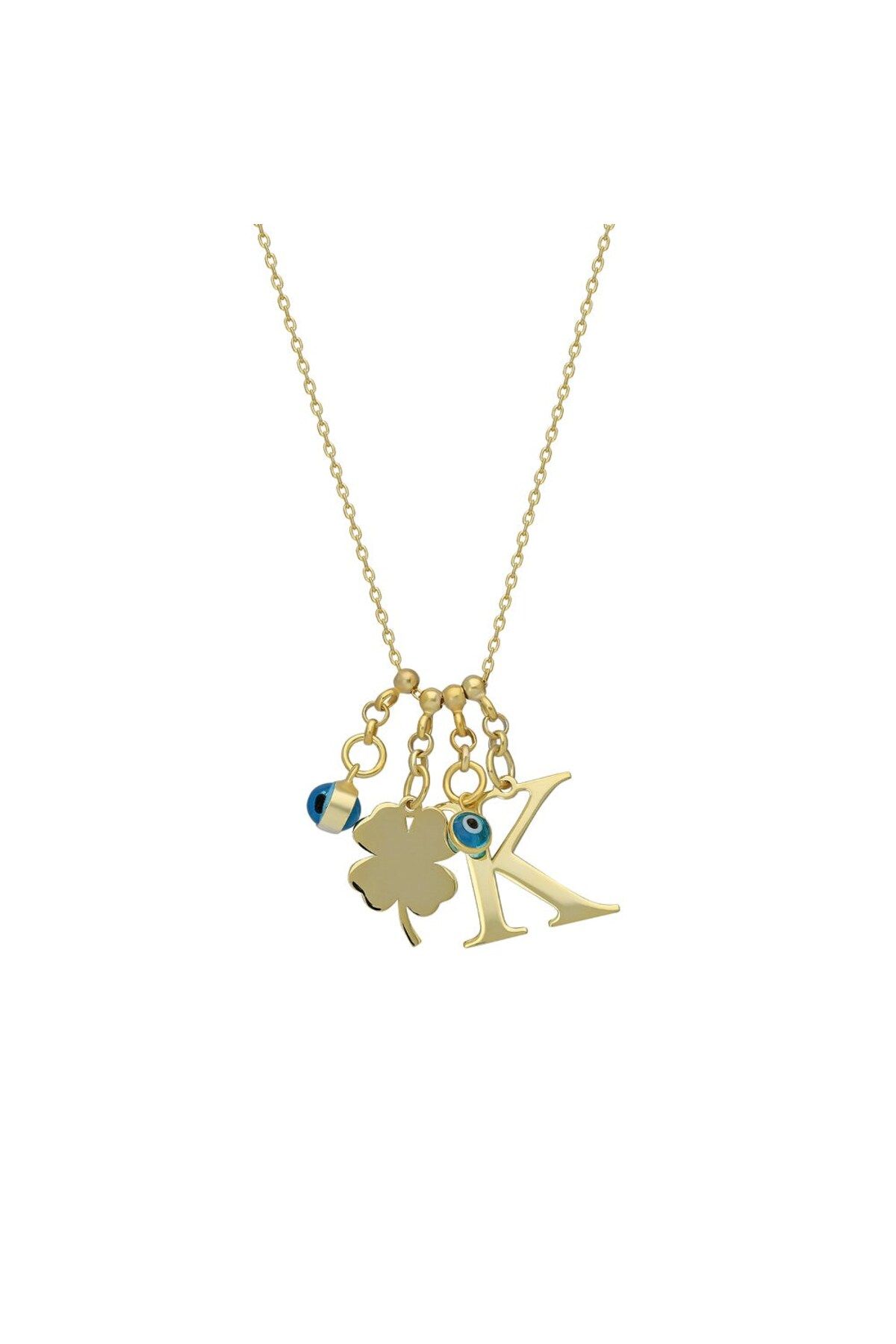 beonejewelry ÇİFT NAZARLI VE HARFLİ YONCA KOLYE | 925 GÜMÜŞ