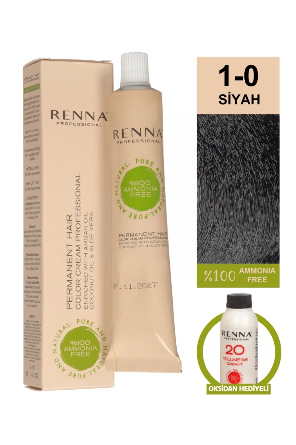 Renna AMONYAKSIZ Bitkisel Yıpranmış Saçlar İçin Saç Boyası 1-0 SİYAH 60ml