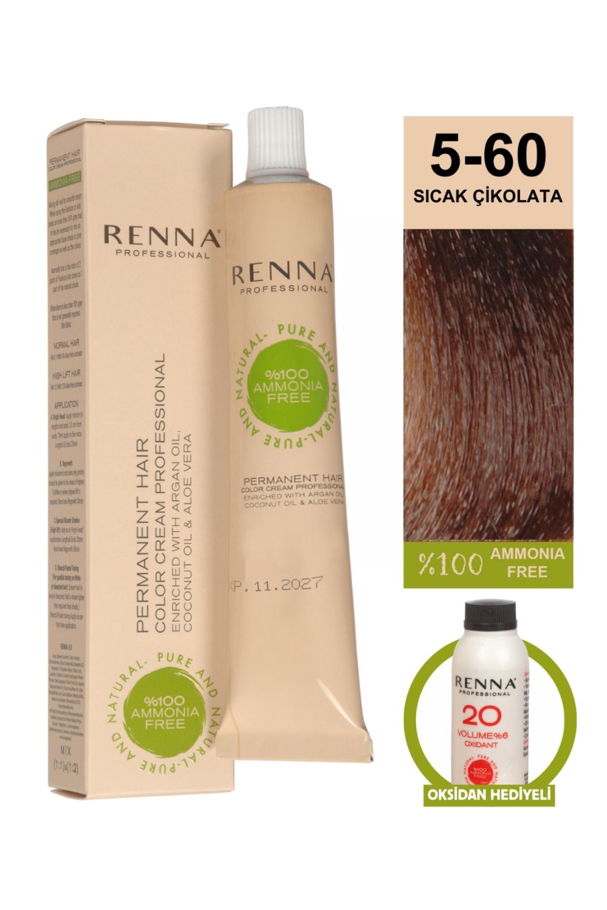 Renna AMONYAKSIZ Bitkisel Yıpranmış Saçlar İçin Saç Boyası 5-60 SICAK ÇİKOLATA 60ml