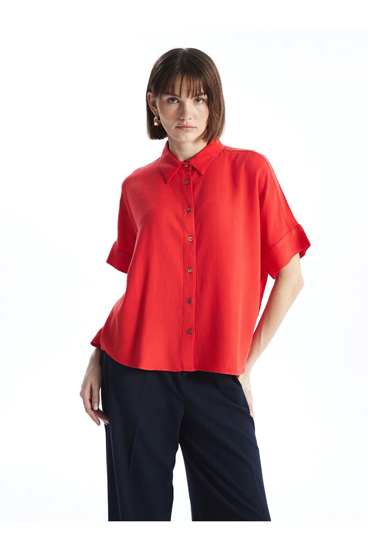 LC Waikiki Düz Oversize Keten Karışımlı Kadın Gömlek