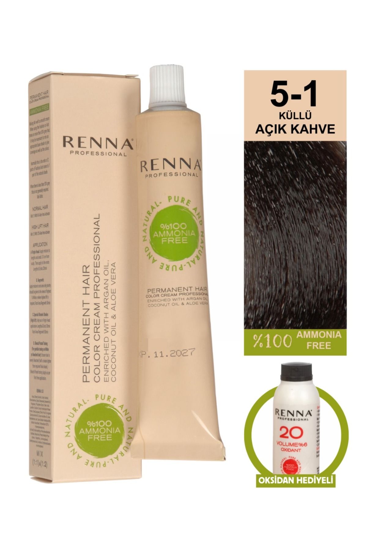 Renna AMONYAKSIZ Bitkisel Yıpranmış Saçlar İçin Saç Boyası 5-1 KÜLLÜ AÇIK KAHVE 60ml