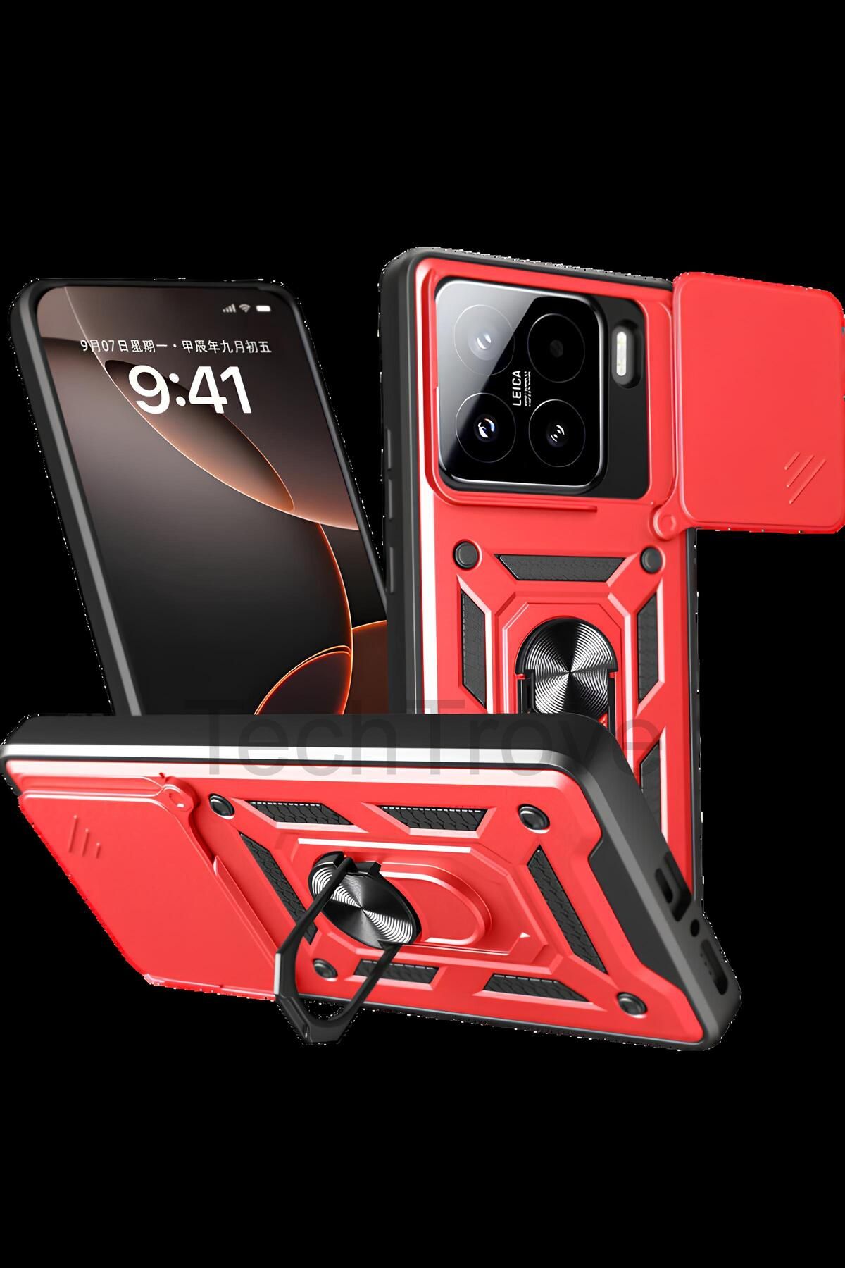TechTrove Xiaomi 15 Kılıf Sürgülü Kamera Korumalı Yüzüklü Stand Olabilen Magnetic Tpu Tank Kapak