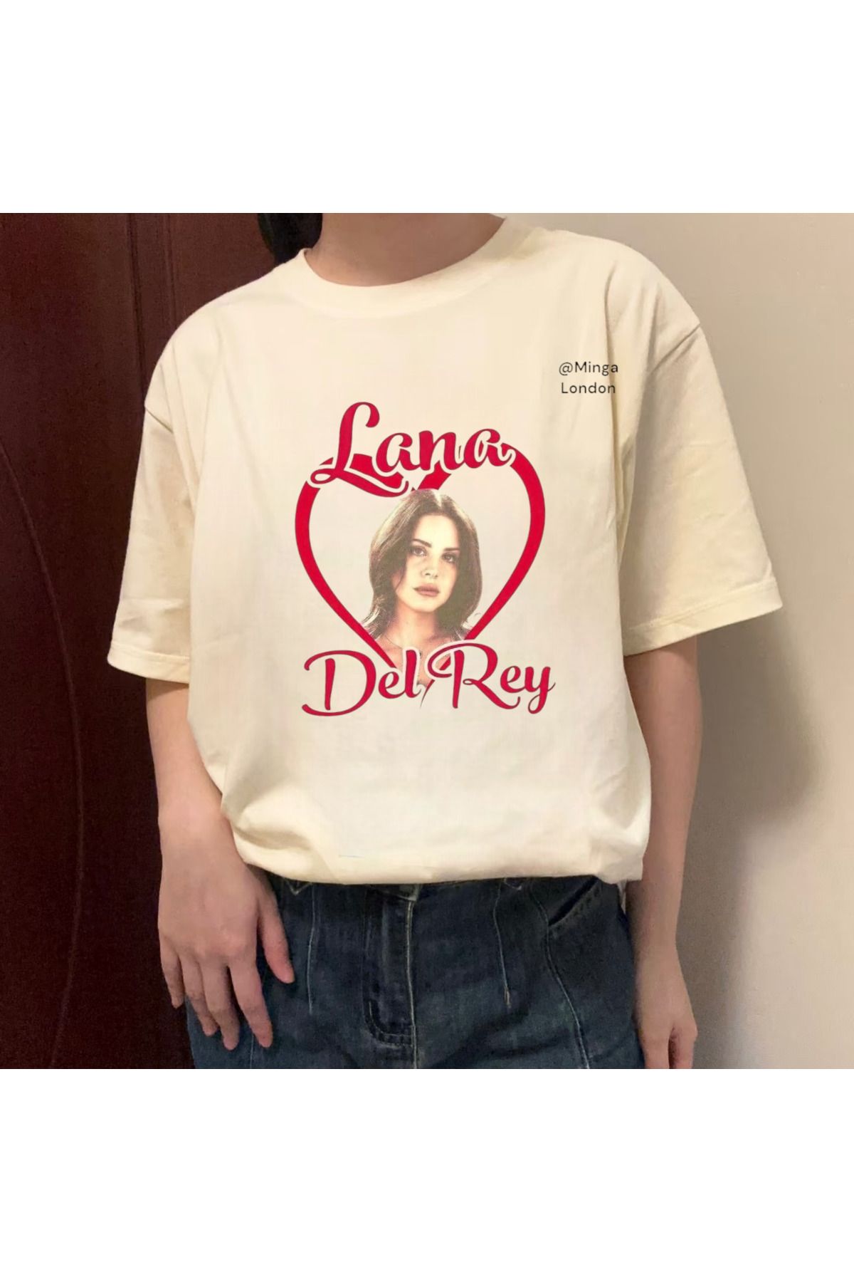 Minga London Bej Lana Del Rey Heart Ön Baskılı Oversize Tshirt - Ghostella