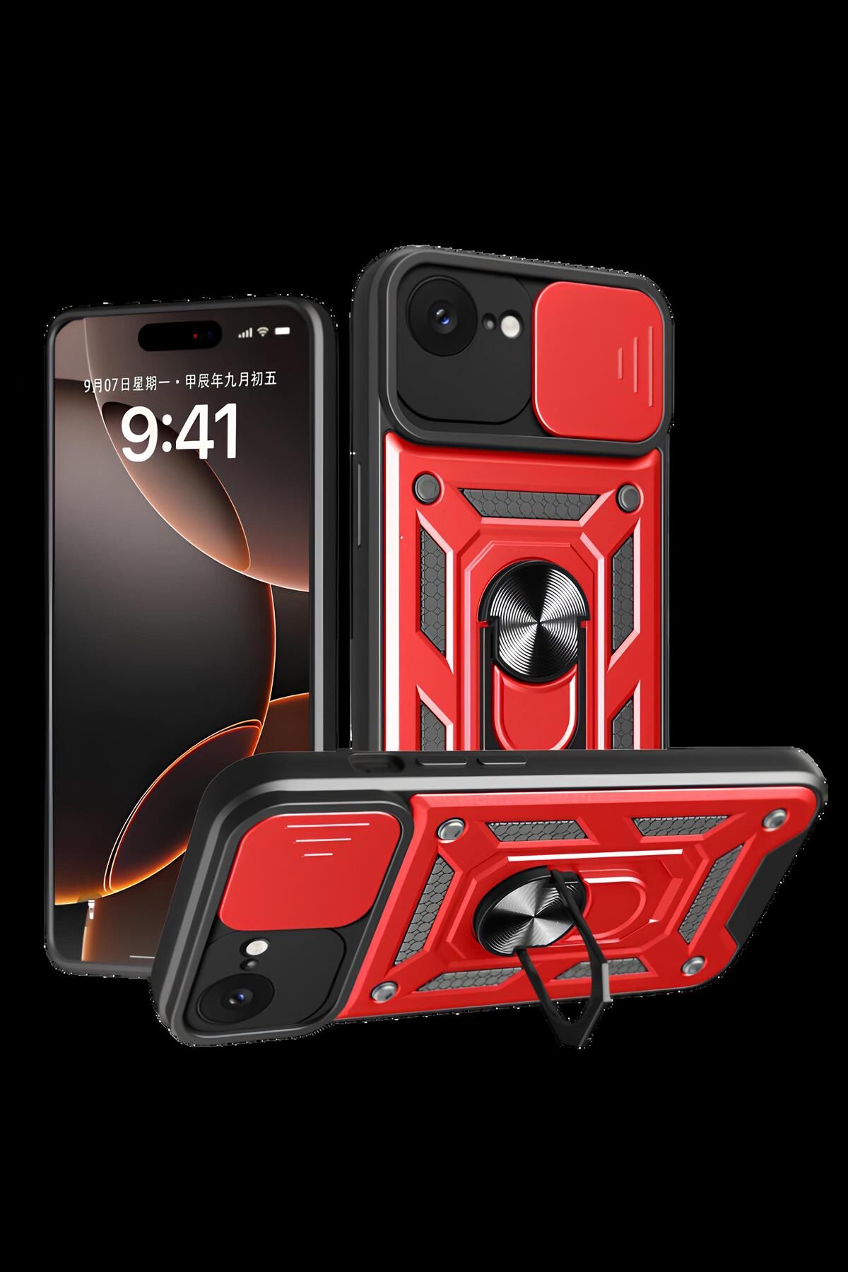 TechTrove iPhone 16E Kılıf Sürgülü Kamera Korumalı Yüzüklü Stand Olabilen Magnetic Tpu Tank Kapak