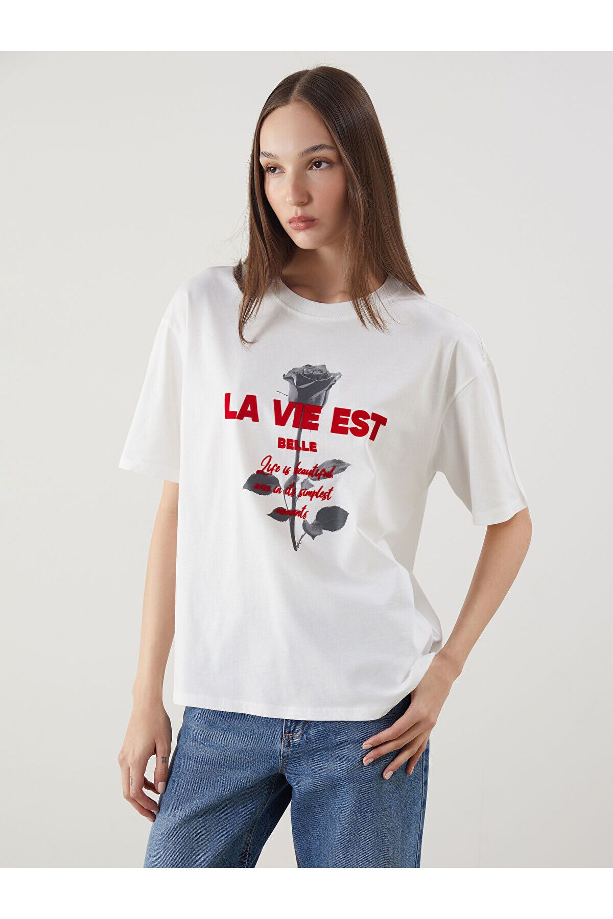 LC Waikiki Bisiklet Yaka Baskılı Oversize Kadın Tişört