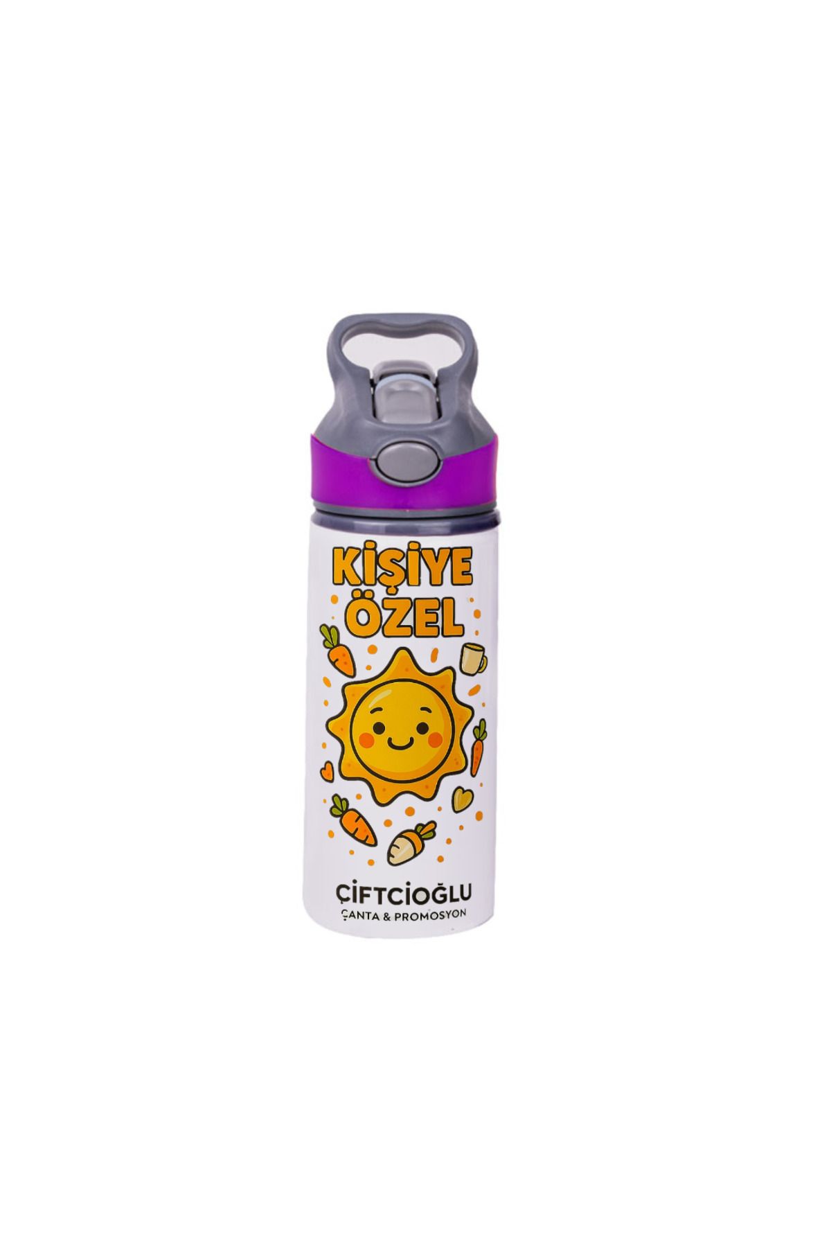 çiftçioğlu Kişiye Özel Baskılı Çelik Beyaz Pipetli Alüminyum Matara-Suluk 650ml Soğuk-Sıcak-Size Özel