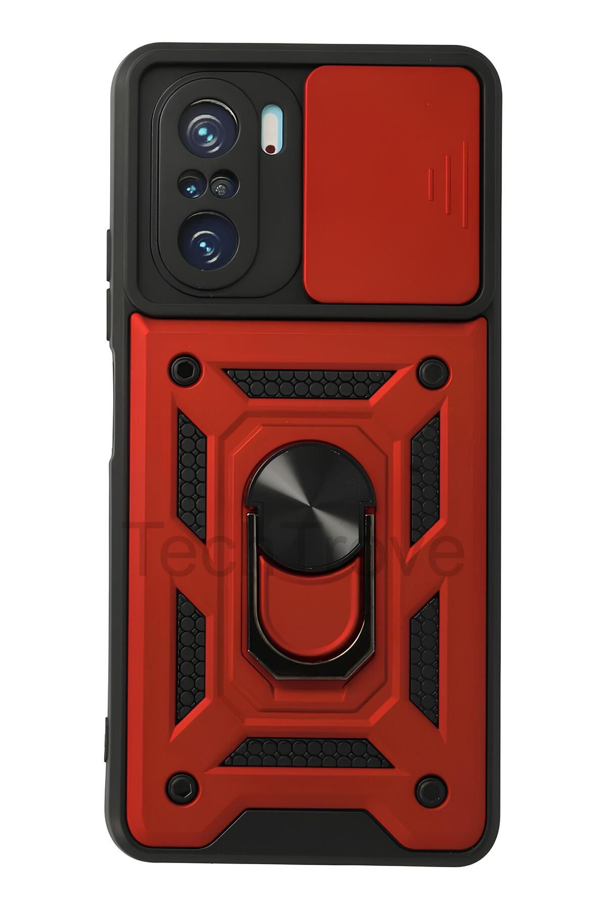 TechTrove Poco F3 Kılıf Sürgülü Kamera Korumalı Yüzüklü Stand Olabilen Magnetic Tpu Tank Kapak