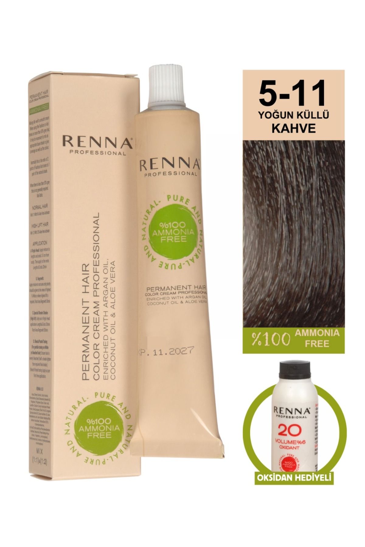 Renna AMONYAKSIZ Bitkisel Yıpranmış Saçlar İçin Saç Boyası 5-11 YOĞUN KÜLLÜ KAHVE 60ml