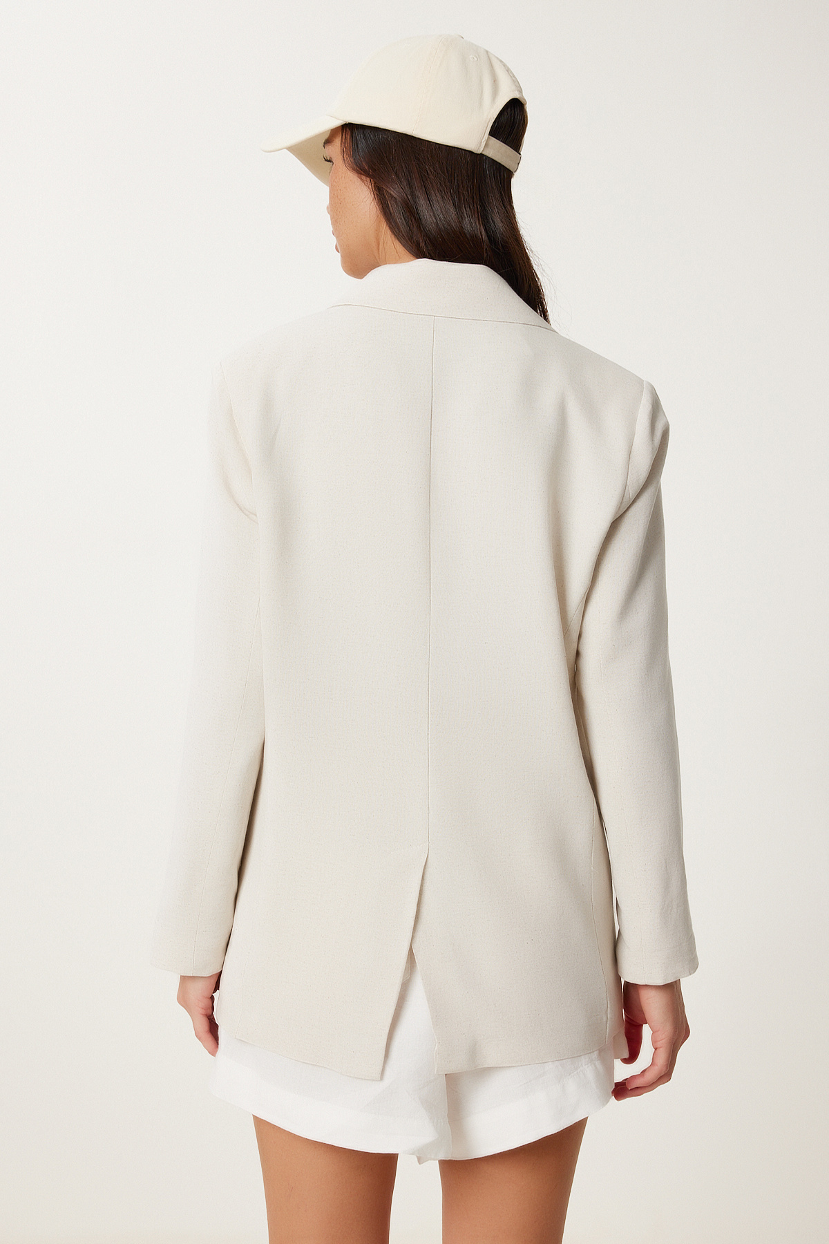 Lovelyİstanbul  Kruvaze Yaka Düğmeli Keten Blazer Ceket BEJ LNS0062 - Görsel 5