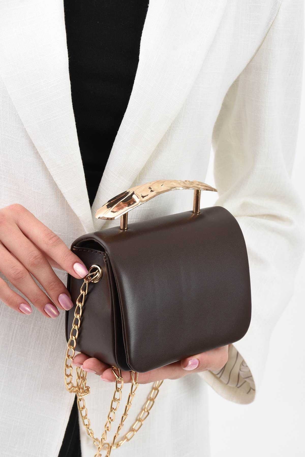 Assia Atelier Gold Aksesuar Detaylı Çapraz Askılı Premium Kalite Mini El ve Omuz Çantası