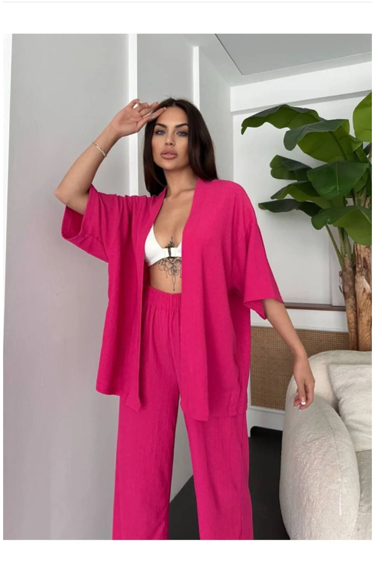LEONE KOLEKSİYON Kadın Rahat Kalıp Kimono Takım Geniş Paça Yazlık Takım Bürümcük kumaş